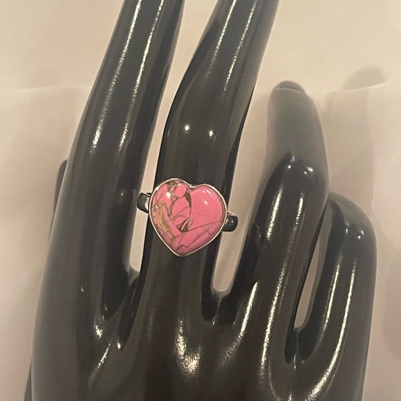 Pink Turquoise Solid Sterling Silver Heart Ring - Picture 7 of 9